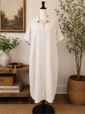 J Crew Baird Mcnutt Irish Linen Shirt Dress XL Beige Button Front Midi Coastal